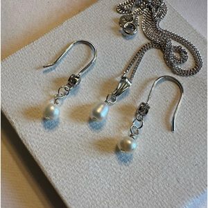 ARTISAN White Freshwater Pearls Sterling Silver CZ Earrings and 20 Inch Necklace